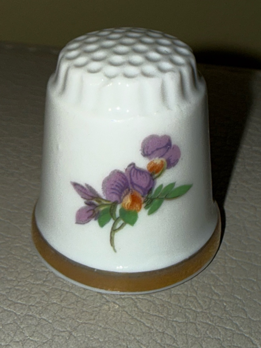 Porcelain Floral Thimble - White with Purple Flowers